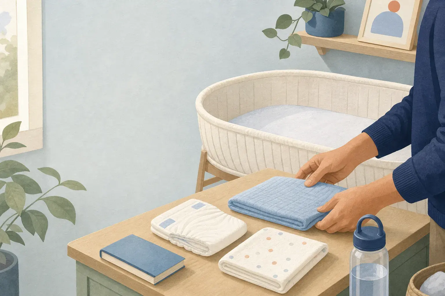 Editorial illustration of hands organizing folded newborn-care cloths beside an empty bassinet