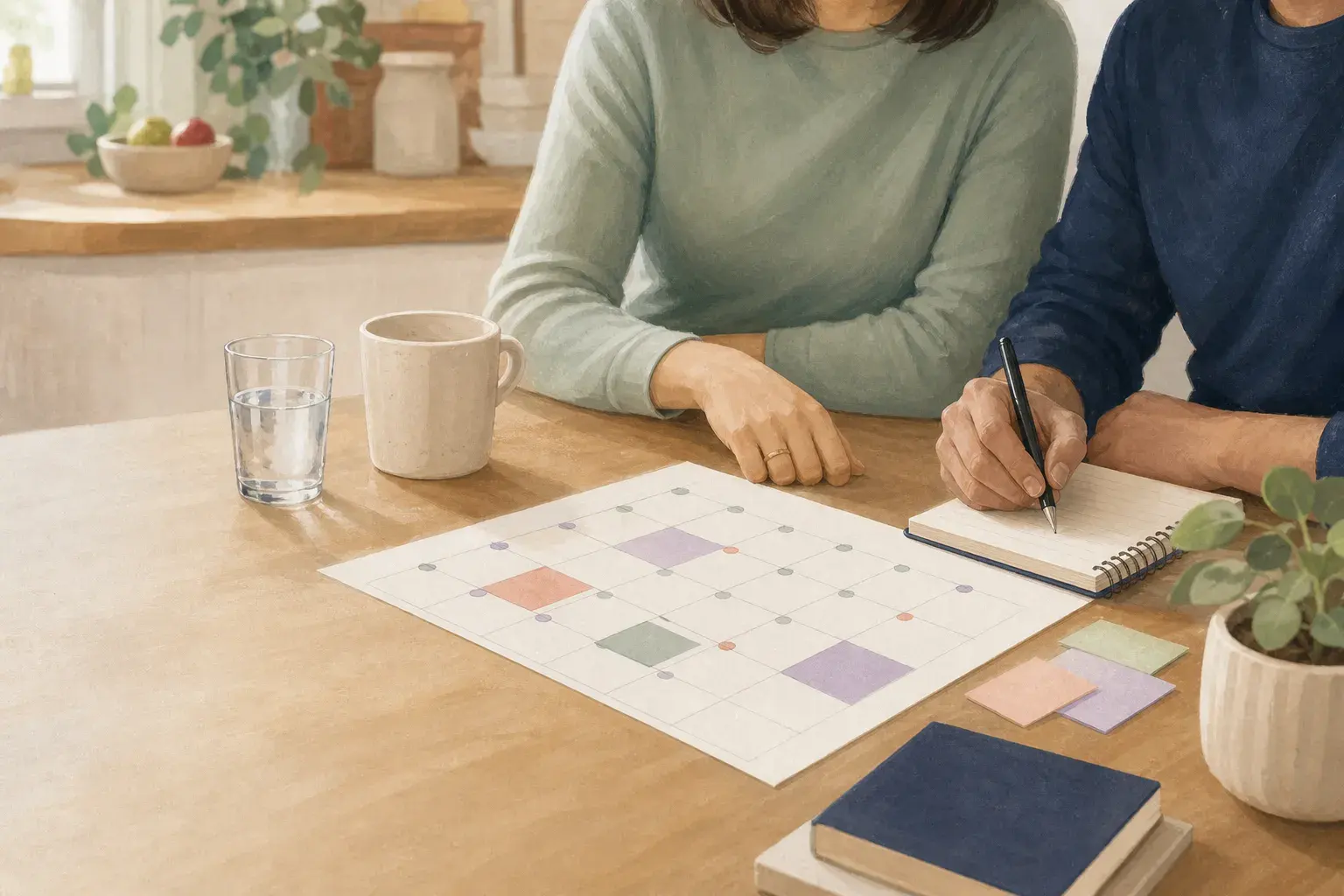 Editorial illustration of two adults planning together at a kitchen table during pregnancy