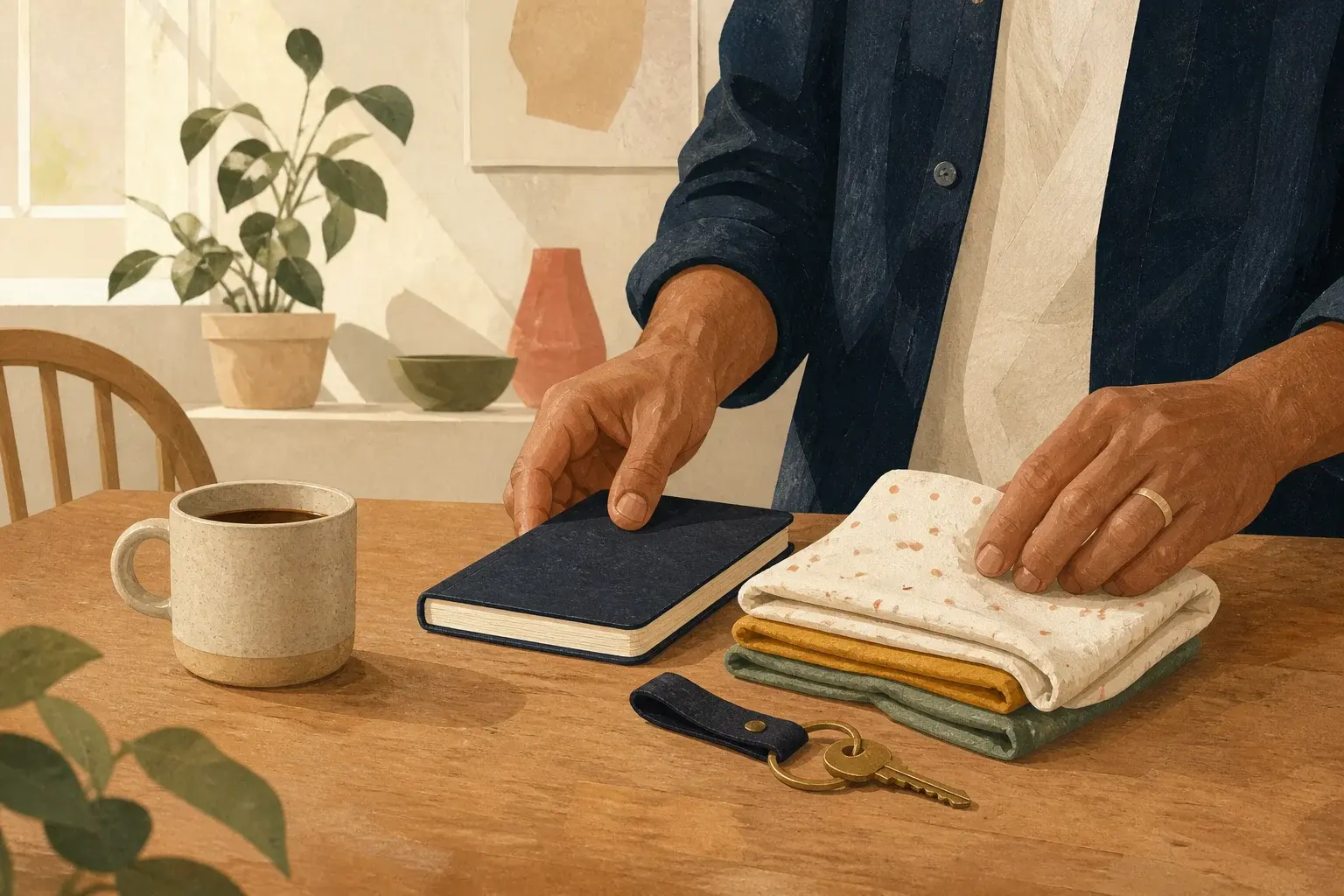 A new dad preparing a notebook and folded baby clothes at a calm kitchen table
