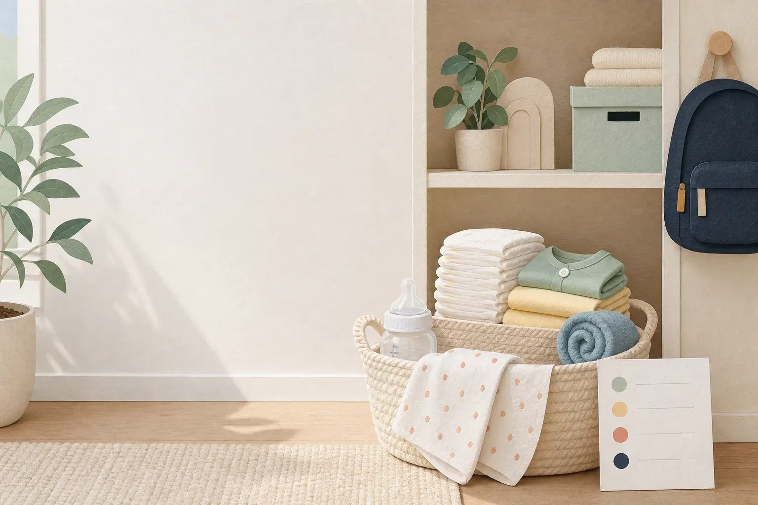 Editorial illustration of a small basket of organized baby essentials beside a simple checklist card