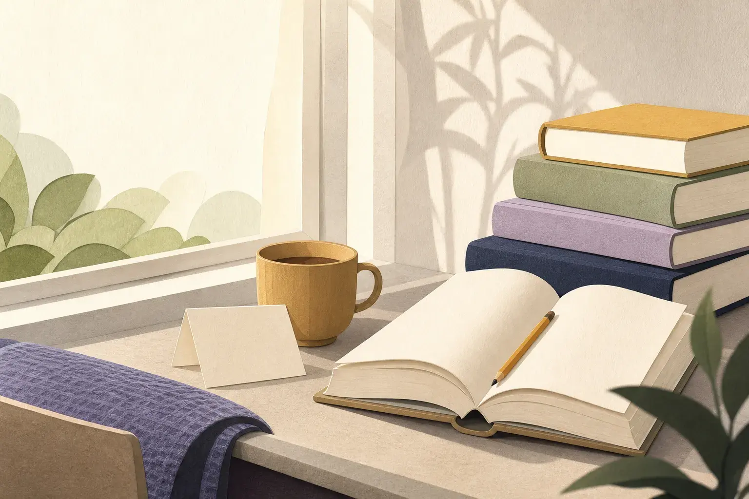 Editorial illustration of an open book, pencil, and quiet stack of books in a reading nook