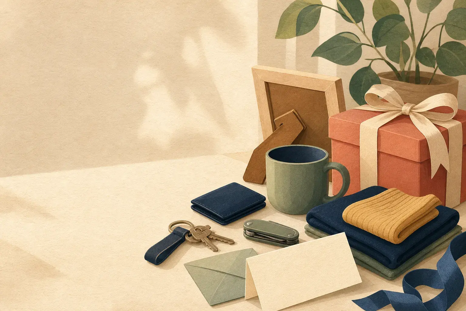 Editorial illustration of a wrapped gift, keepsake card, and useful everyday items for a new dad